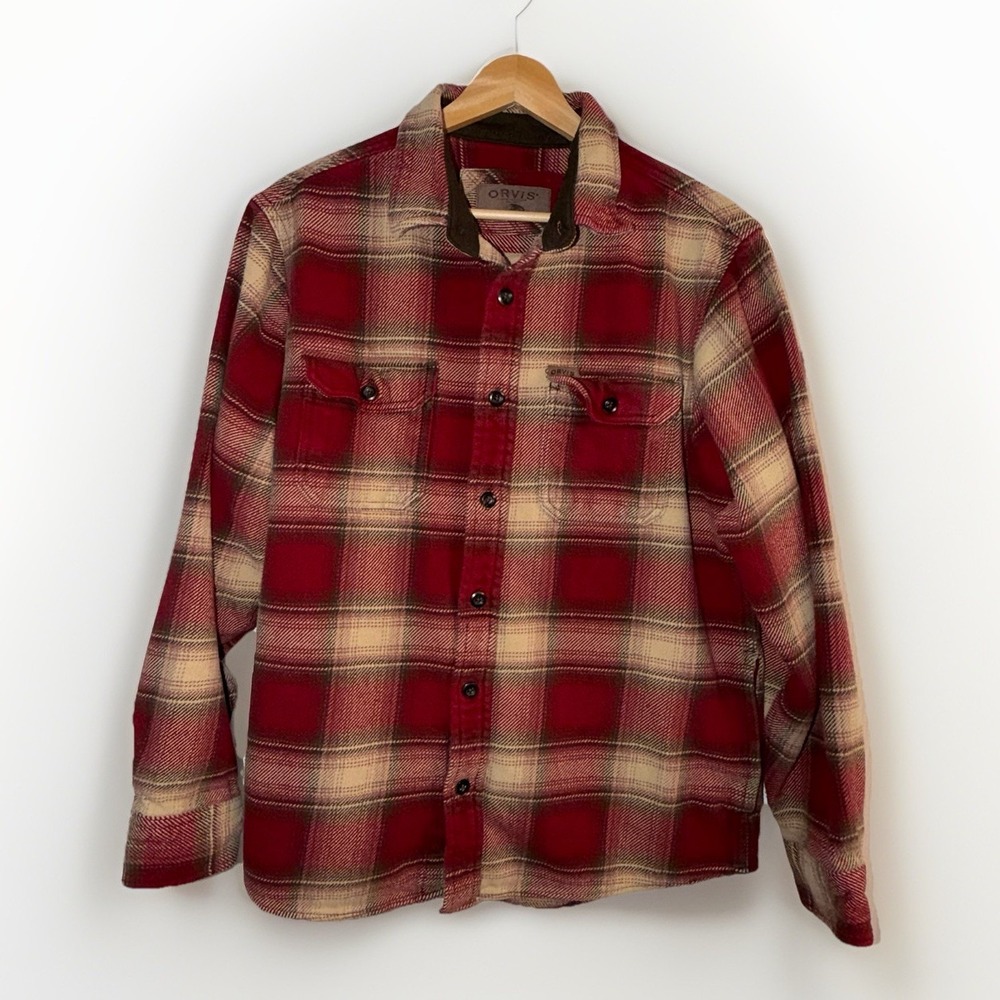 Orvis Big Bear Heavyweight‎ Flannel Button Down Shirt Size M Hand Warmer Pockets